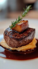 Tender medallion of beef with foie gras, paired with a smooth puree. artistic coating.