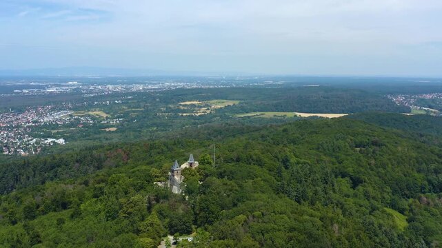Panoramic aerial view of the castle Burg Frankenstein close to the city M&uuml;hltal in Germany. On a sunny day in Summer. 