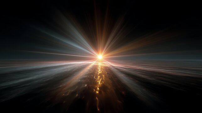 Radiant golden sunrise explosion over water horizon with light beams radiating outward for solar energy visualization, cosmic supernova imagery, spiritual enlightenment, and abstract light phenomenon 