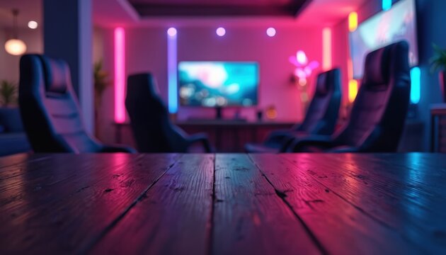 Empty wooden table in a modern gaming room. Multiple comfortable gaming chairs are arranged around a desk with a large monitor. Vibrant neon lighting casts colorful reflections across the scene.