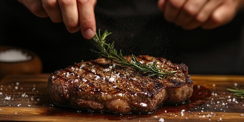 The chef hand-cooks the steak and adds seasonings using a freezing technique.