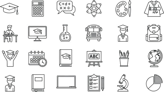 Professional Education and School Line Icon Set Featuring Graduation Caps, Books, Science Equipment, School Bus, and Classroom Learning Symbols for Academic Websites
