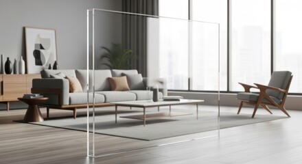 Fototapeta premium A modern living room with a transparent partition, featuring a sofa, coffee table, and a cityscape view through large windows.