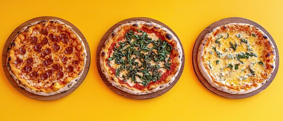 Three different styles of pizza are presented on wooden boards with a bright yellow background