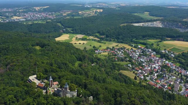 Panoramic aerial view of the castle Burg Frankenstein close to the city M&uuml;hltal in Germany. On a sunny day in Summer. 