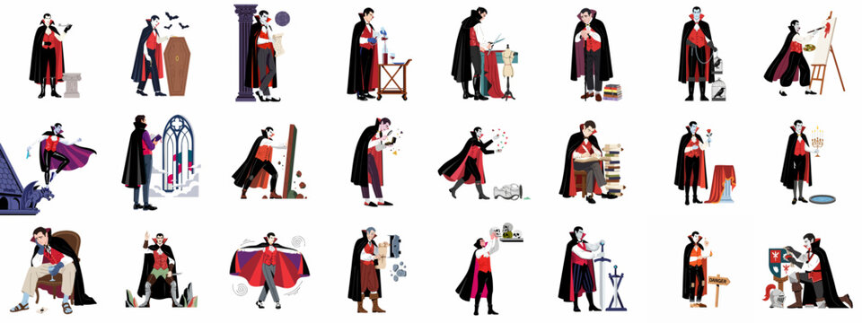 Count Dracula character flat vector bundle showing the vampire engaging in diverse daily activities, hobbies, and spooky tasks, isolated on white.