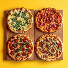 Three different styles of pizza are presented on wooden boards with a bright yellow background
