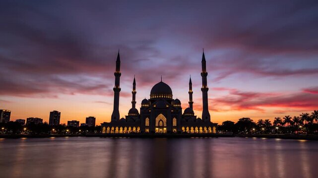 Majestic mosque silhouette against dramatic sunset sky and water reflection