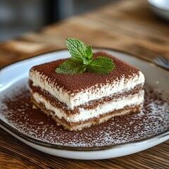 tiramisu dessert topped with a sprig of mint served on a plate at the side of the table