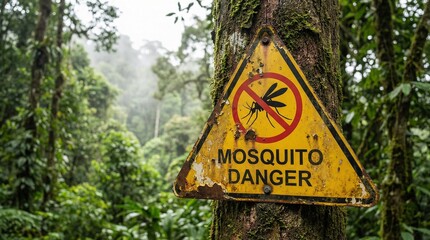 Mosquito danger warning sign in tropical rainforest setting for World Malaria Day  