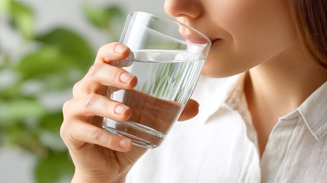Close-up of a woman's hand holding a glass of water in a living room, showing her fingers and the clear cup ready for drinking, promoting health and hydration
