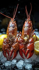 Two large boiled crayfish on ice against a black background with lemon. Shallow depth of field.