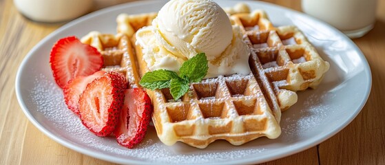 Waffles on a white plate, served with ice cream, sliced strawberries, mint leaf garnish and milk