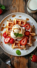 Waffles on a white plate, served with ice cream, sliced strawberries, mint leaf garnish and milk