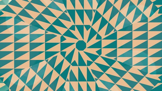 A geometric pattern featuring teal and peach-colored triangles arranged in a concentric design