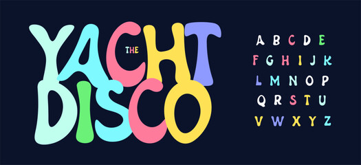 Wavy witty font logo alphabet disco party drunk typography, rounded funky lettering for trippy title text, kids birthday, wave logo, wave headline, psychedelic typographic design. Vector typeset © artyway