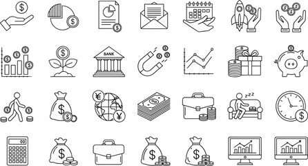 Professional Finance and Investment Line Icon Set Featuring Banking Symbols, Global Currency, Money Growth, Savings, and Startup Rocket Icons for FinTech Apps