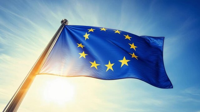 Closeup of blue European union flag waving on the wind