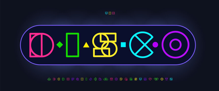 Outline Colorful Font, Modular Capsule Alphabet, Geometric Shapes Letters, Vibrant Neon Typography, Arcade Game Logo, Creative Disco Headline. Gambling Casino Betting Typeface. Kid Cyber Tech Typeset