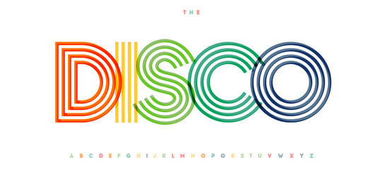 Disco retro 70s 80s 90s groovy striped outline font. Vintage color striped alphabet for party poster, club flyer, music cover, dance event headline, logo. Retro disco fest fonts. Vector typeset © artyway