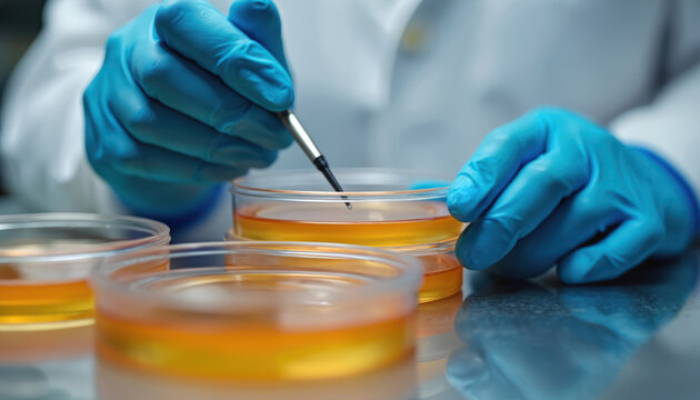 Scientist in blue gloves examines agar plates in lab. Researcher studies microbial growth on culture dishes for medical or biological analysis.