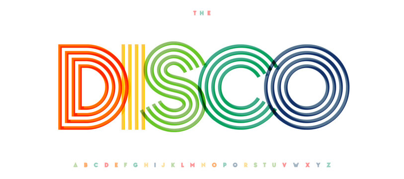 Disco retro 70s 80s 90s groovy striped outline font. Vintage color striped alphabet for party poster, club flyer, music cover, dance event headline, logo. Retro disco fest fonts. Vector typeset