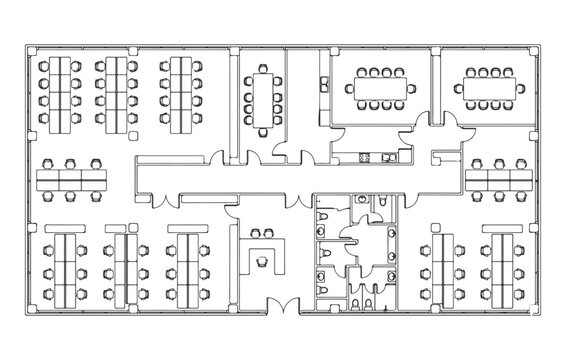 Architectural Office Floor Plan Layout in Top View Featuring Modern Workspace Arrangement with Open Plan Workstations, Meeting Rooms, Private Offices, and Kitchen for Interior Design CAD Blueprint..ai