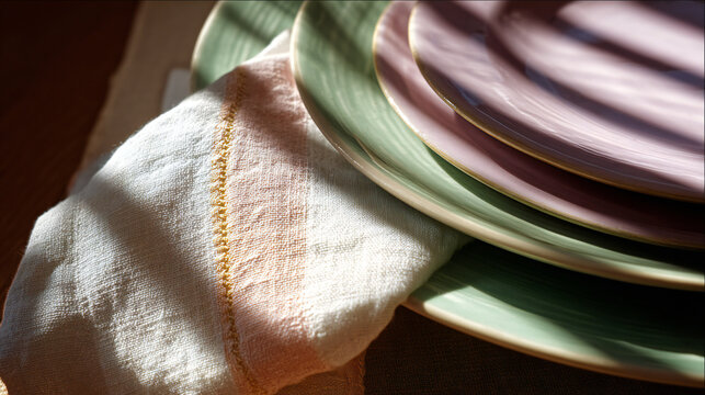 Pastel tabletop with sage‑green placemat, blush‑pink napkin and lavender porcelain plates etched with World Cup qualifiers schedule, macro close‑up, copy space