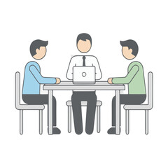 Business Meeting Discussion at Office Table with Laptop Vector IllustrationBusiness Meeting Discussion at Office Table with Laptop Vector Illustration