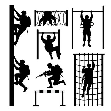 Silhouette illustrations depicting various army obstacle course challenges