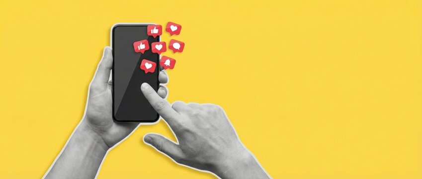 Engaging social media interaction digital space graphic design vibrant yellow background close-up view connecting with online communities