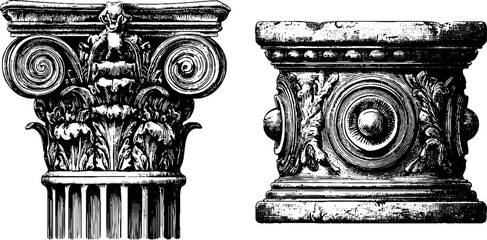Fototapeta premium Ancient architectural elements in intricate engraved illustrations for design and decoration