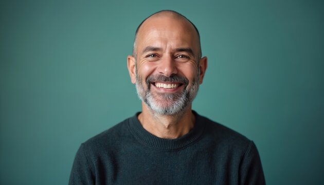 Bald man with beard smiles warmly wearing dark sweater. Positive mature male face, clear skin, no hair. Hopeful expression, good health, life affirmation.