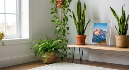 Fototapeta premium A cozy indoor corner with plants and framed artwork on a wooden shelf, featuring a window with natural light.