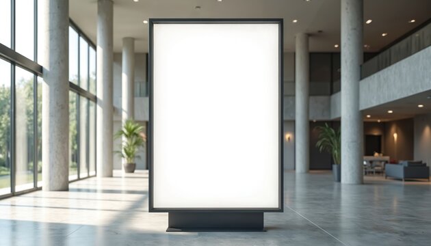 Empty glowing billboard stands inside modern building lobby. Blank display for advertising, promotion, or information with copy space. Indoor signage for marketing message.