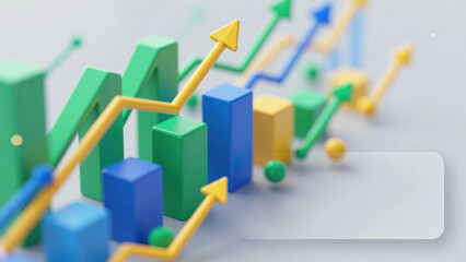 Vibrant, layered blocks in blue, green, and yellow create a sense of upward progression. Spheres accent the scene, contributing to a stylish, dynamic composition with ample copy space.