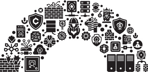 Obraz premium Cybersecurity icons and symbols in a semicircle formation