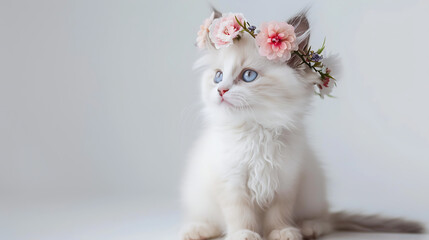 Fototapeta premium Cute white kitten wearing pink rose flower crown, side profile closeup on clean background for spring Easter pet photography