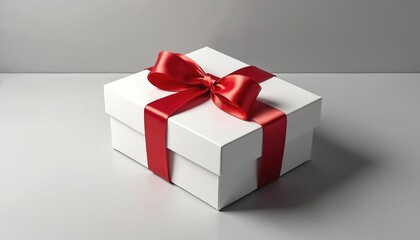 Obraz premium White gift box with red ribbon bow on clean surface. Perfect for packaging, product mockups, and festive presentations. Ideal for birthdays, holidays, or any special occasion.