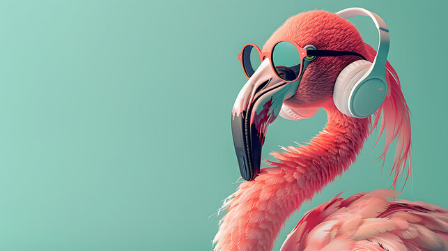 Pink flamingo side profile wearing sunglasses and headphones, creative 3D animal for summer beach music festival

