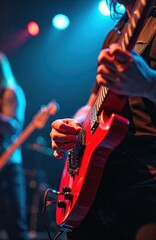 Obraz premium Musician plays red electric guitar on stage during concert. Another band member plays bass guitar. Stage lights illuminate performers in dark venue. Energetic live music event.