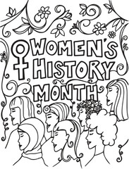Fototapeta premium Women's History Month illustration with gender symbol floral patterns diverse female profiles unity vector design