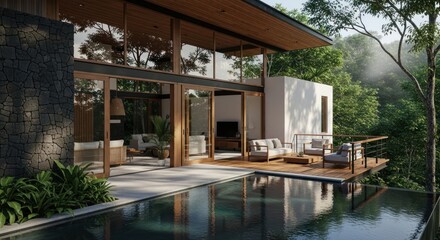 Fototapeta premium Modern luxury home with pool and lush green surroundings daytime exterior view