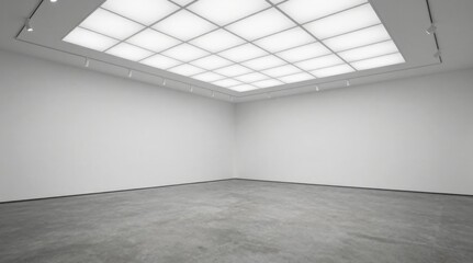 Minimalist exhibition space featuring white walls, concrete floor, and square ceiling light for art display © Generative AI