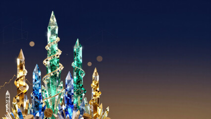 Towering, crystalline structures rise with a vibrant, layered effect. Blue, green, and gold hues create depth and a sense of upward momentum. Stylish, modern, and visually striking.