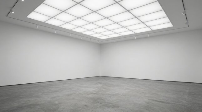Minimalist exhibition space featuring white walls, concrete floor, and square ceiling light for art display