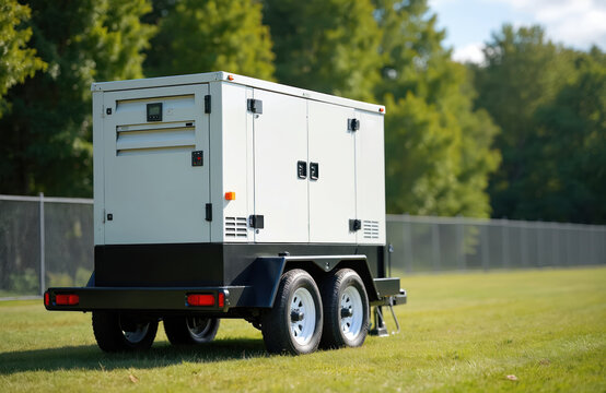Mobile diesel generator on trailer provides temporary electricity for outdoor events or emergencies. Large portable power unit for rent. Backup energy source.