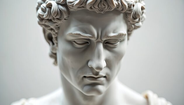 White marble bust of a man with furrowed brow. Classical sculpture conveys deep thought serious expression. Antique art piece represents history culture and humanism.