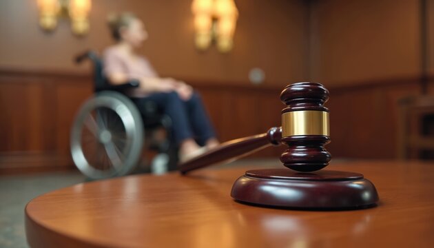 Court gavel on table with person in wheelchair blurred in background. Justice and equality in legal proceedings are symbolized. Legal rights and fairness are central.