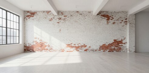 Bright spacious loft interior with exposed brick wall, concrete floor, white beams and large window